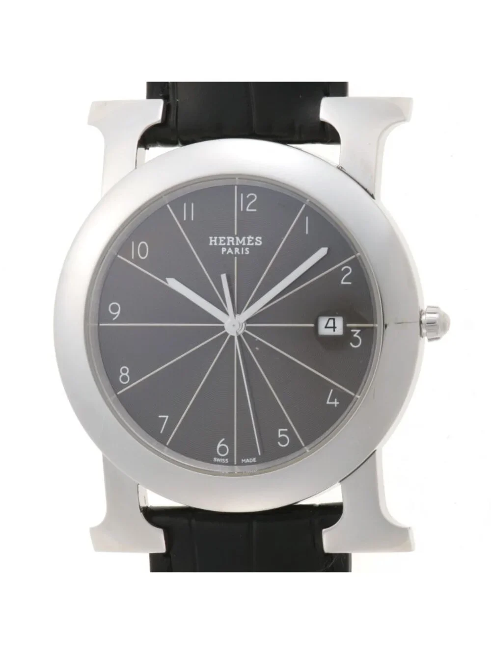 Hermes H Watch Ronde Stainless Steel Leather Black Dial Quartz